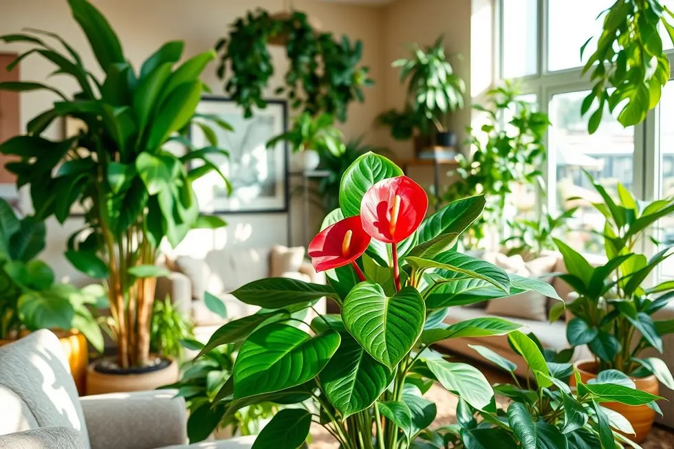 Sala de estar decorada com antúrios e outras plantas ornamentais.