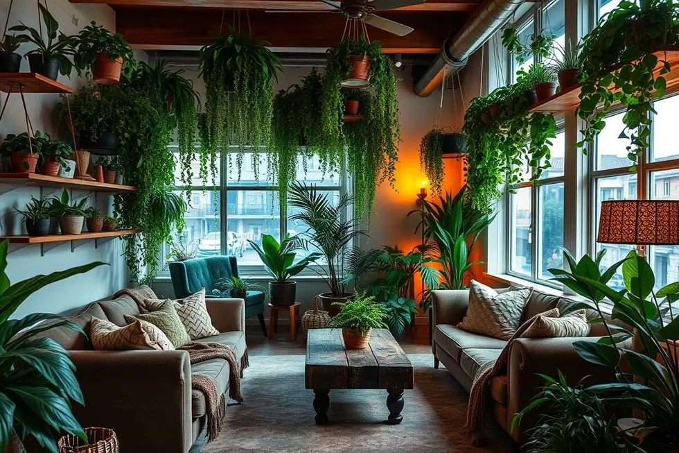 Sala de estar com decoração cheia de plantas verdes