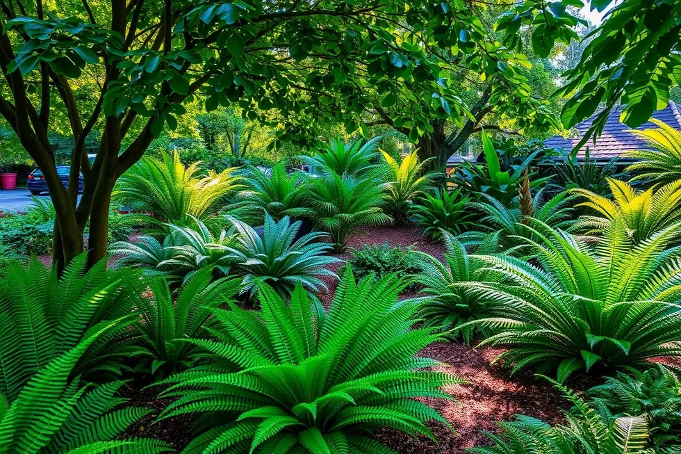 Jardim externo bonito com diversas samambaias
