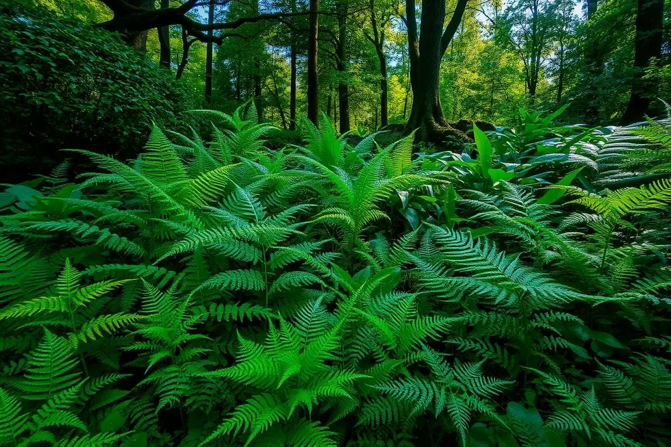 Um jardim tropical rico em diversas espécies de samambaias