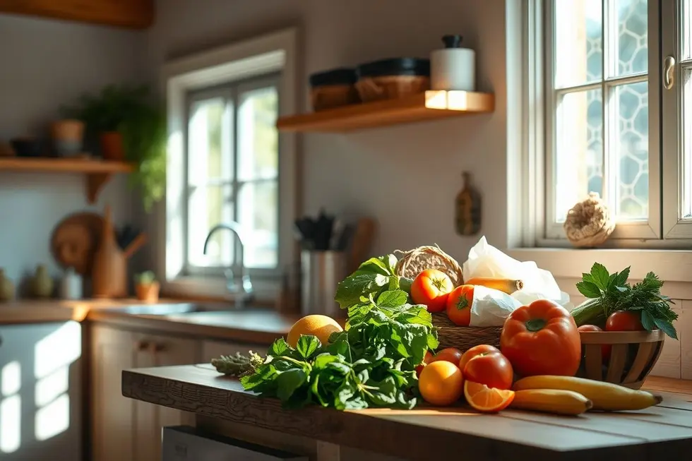 Imagem relaxante que representa a saúde digestiva com frutas e verduras frescas.