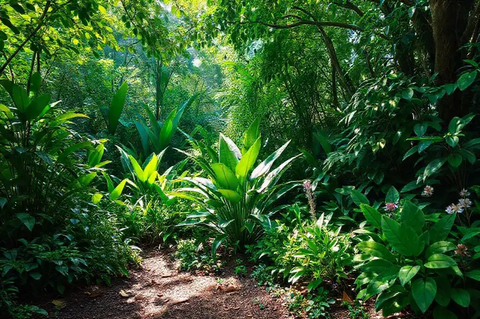 Um jardim tranquila apresentando várias plantas, com destaque para o Guaimbê.