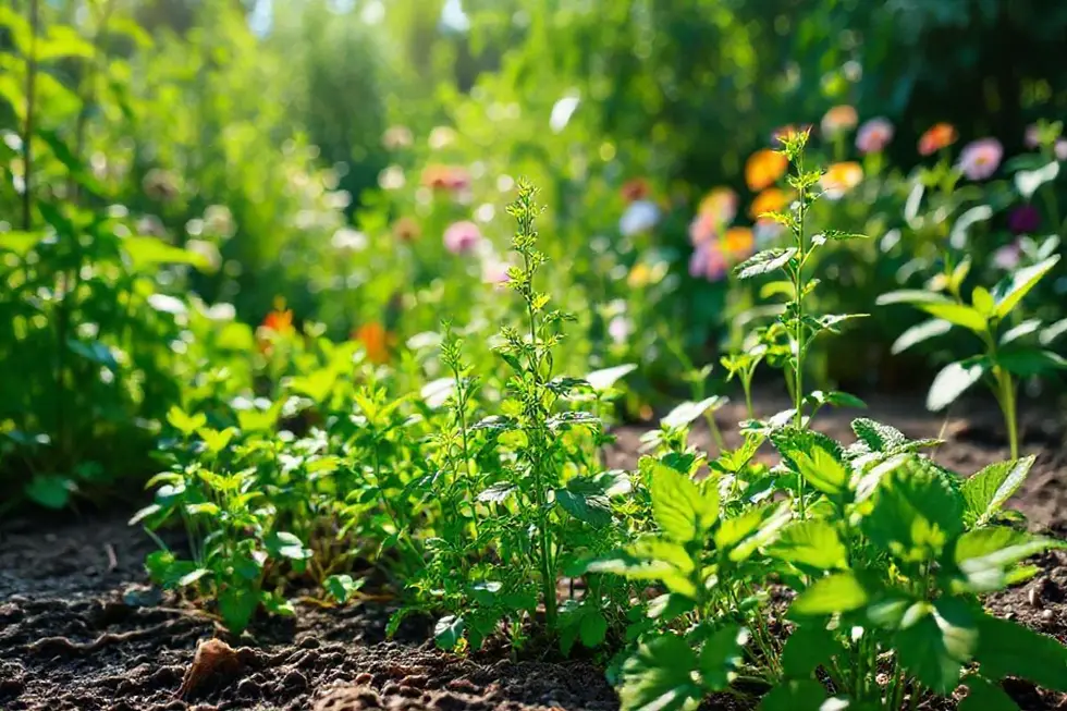 Jardim tranquilo com ervas, destacando a integração do guaimbê no cultivo medicinal.