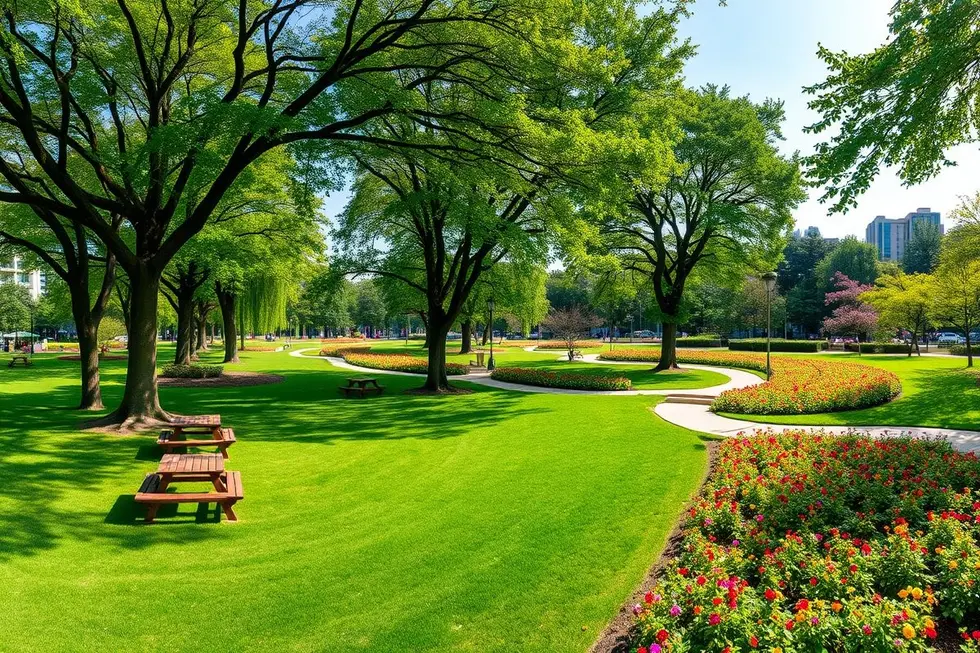 Paisagem tranquila com um parque que idealiza o contato com a natureza