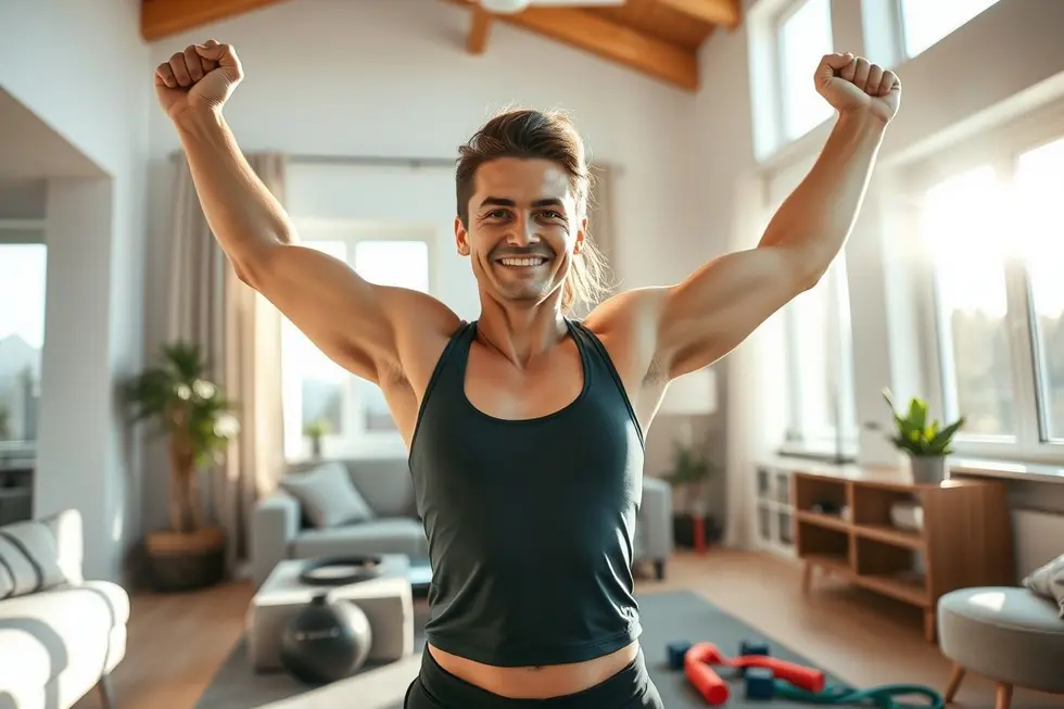 Pessoa satisfeita após um treino em casa