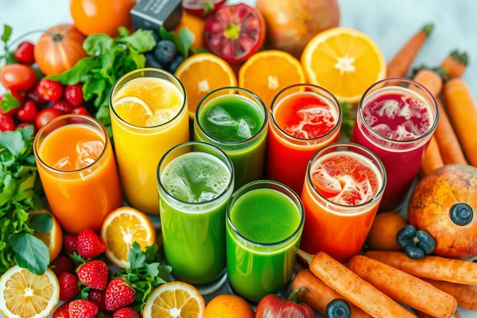 Vários sucos naturais dispostos artisticamente com frutas e vegetais.