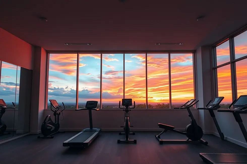 Imagem de um pôr do sol inspirador de um ginásio em casa.