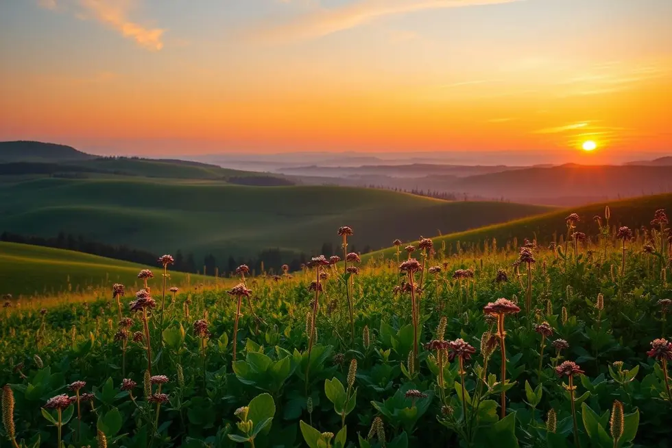 Campo de plantas medicinais ao pôr do sol
