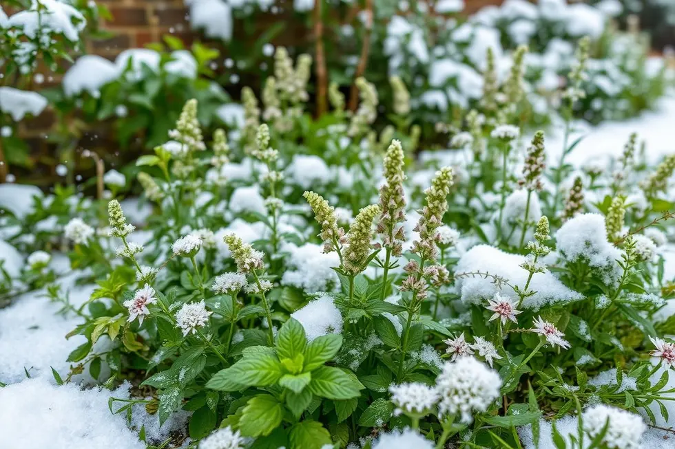 Jardim de ervas medicinais coberto de neve no inverno