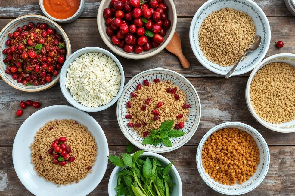 Diversos pratos simples e saudáveis feitos com amaranto, exibidos em uma mesa rústica.