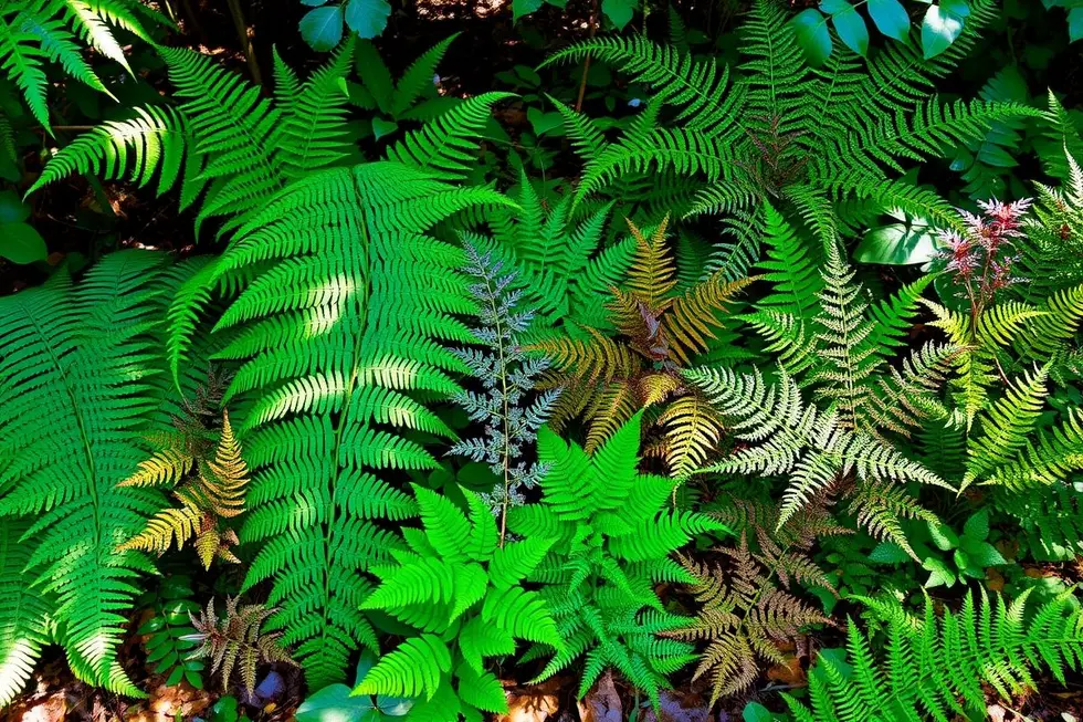 Imagem mostrando uma variedade de samambaias destacando suas estruturas e cores únicas.