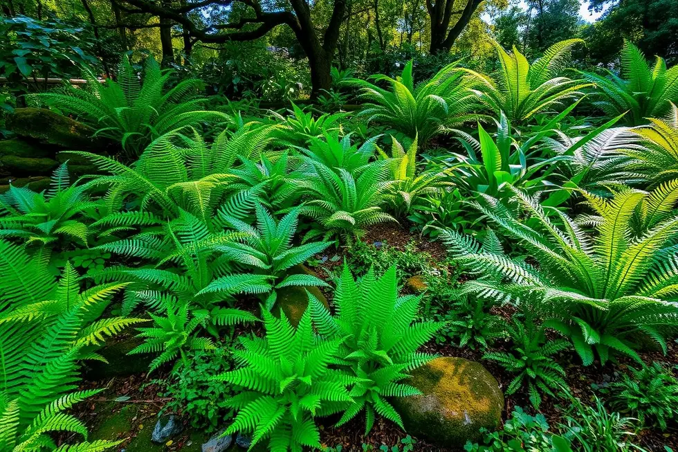 Uma bela exibição de samambaias em um jardim exuberante.
