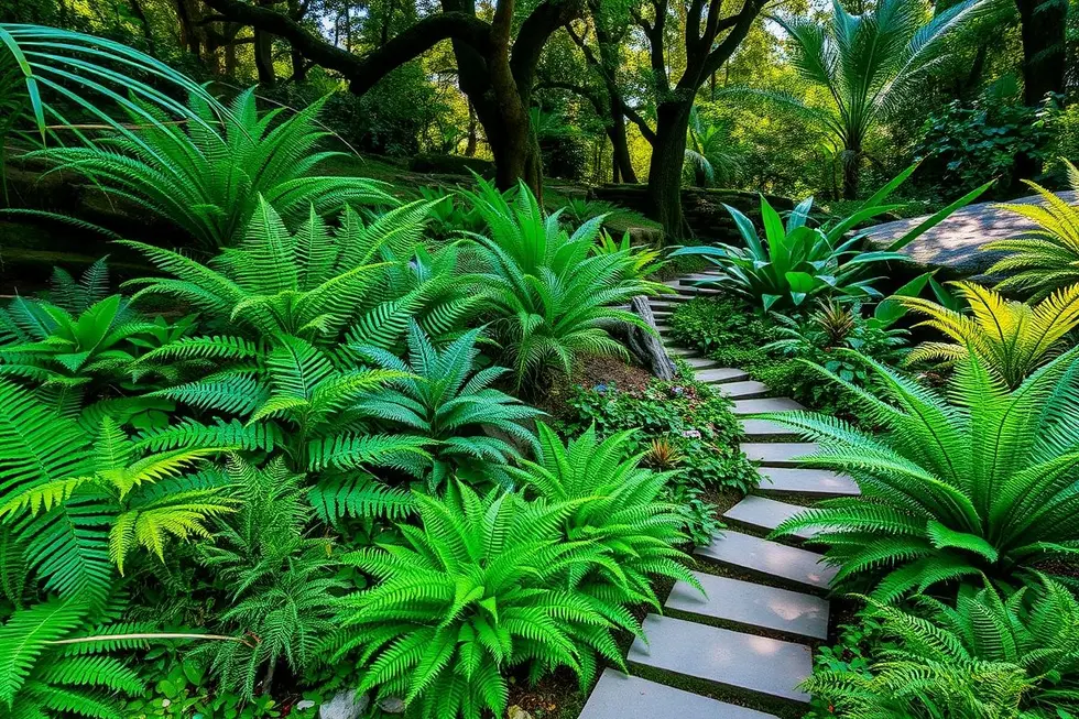 Variedade de samambaias em um jardim paisagístico