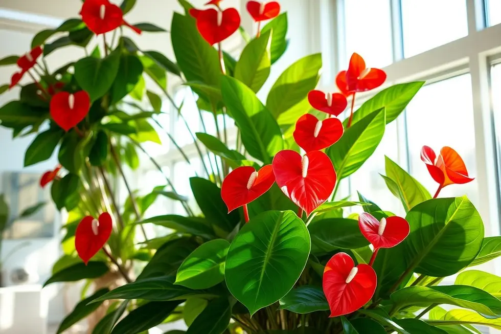 Arranjo vibrante de plantas de antúrio realçando a estética interna.
