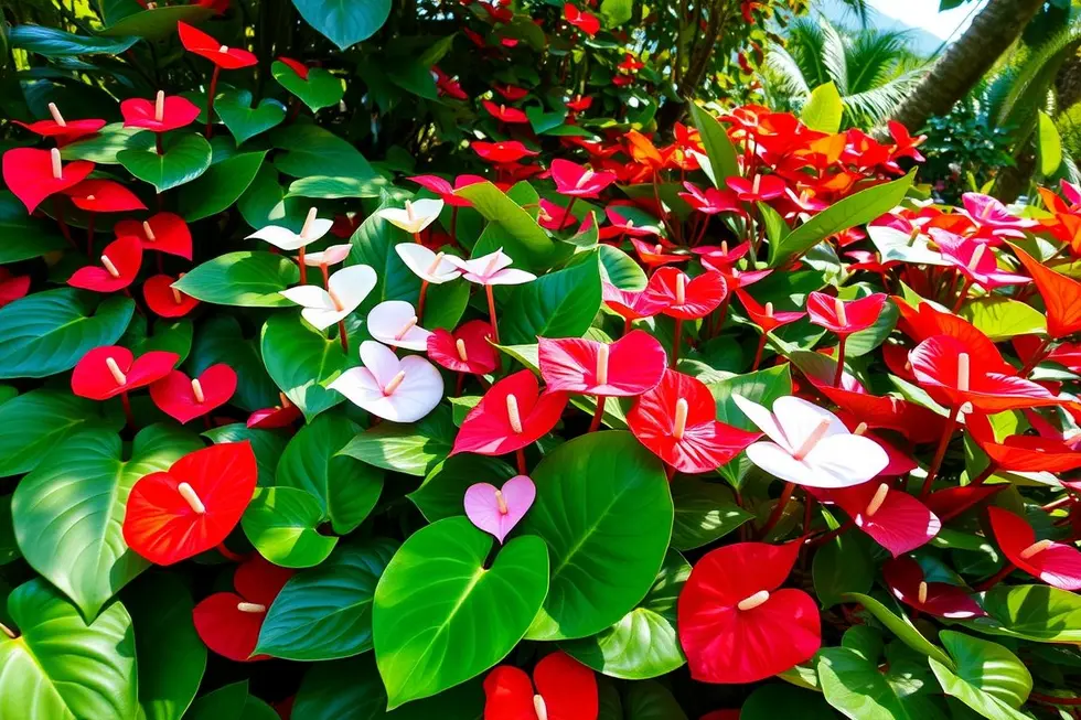 Jardim vibrante de antúrios coloridos.