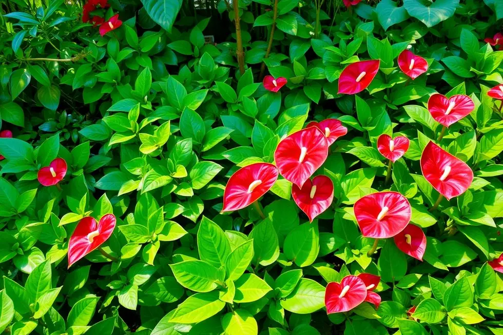Jardim exuberante com variedade de plantas, incluindo antúrio rabinho-de-porco.