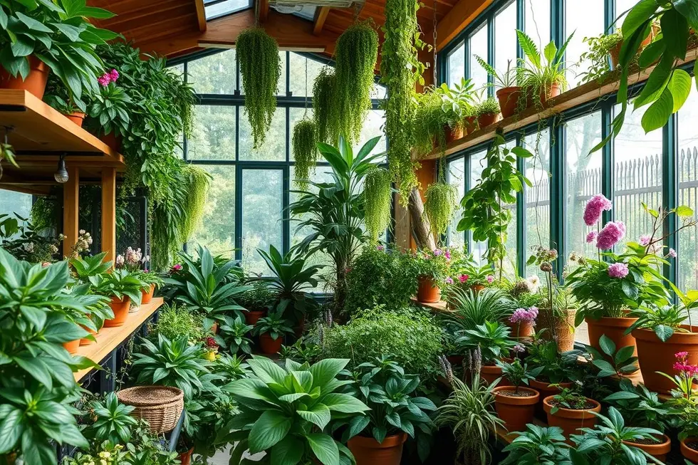 Jardim interno repleto de diversas plantas medicinais.
