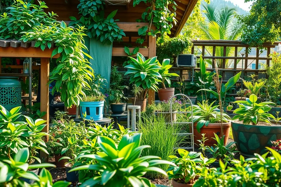 Jardim sustentável vibrante com plantas e materiais reciclados