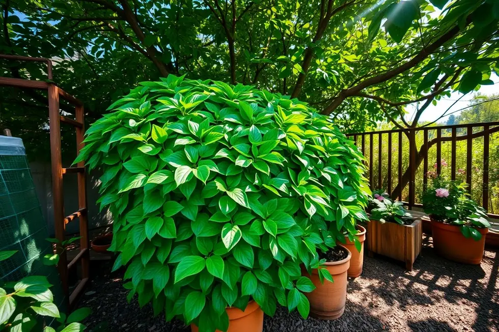 Uma planta guaimbê em um jardim caseiro, simbolizando seu cultivo e benefícios.
