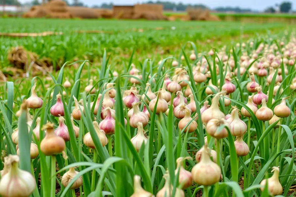 Um campo vibrante de cebolas em um ambiente rural.