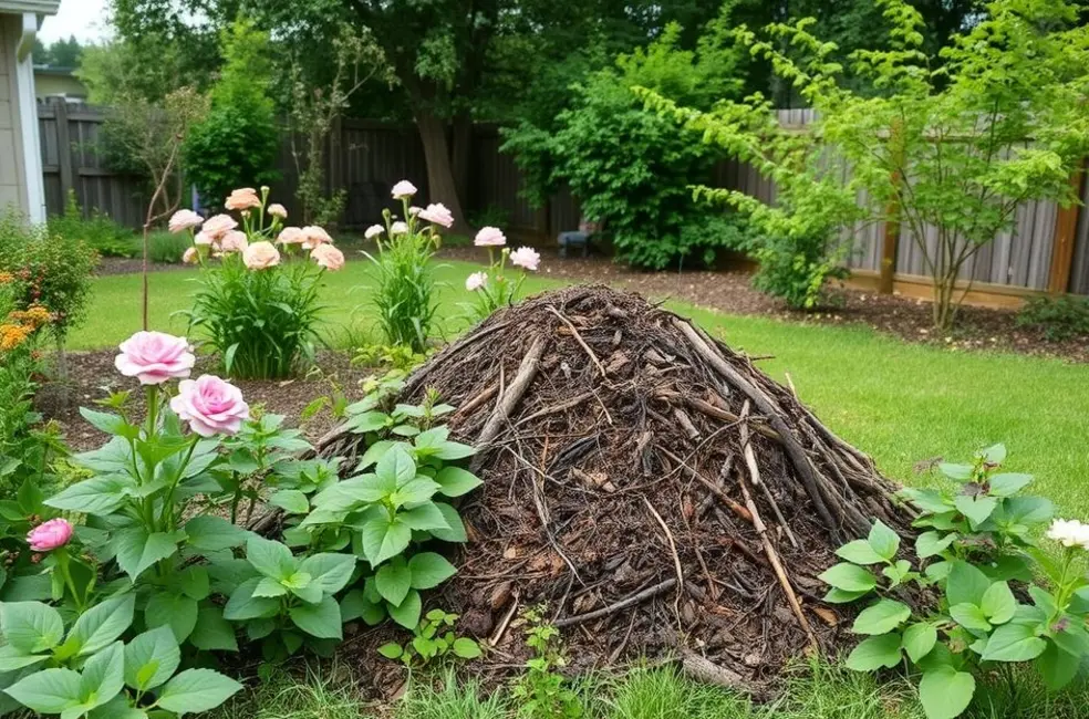 Composteira em um jardim exuberante