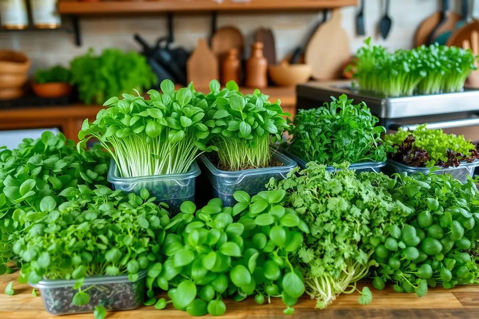Coleção de diferentes tipos de microgreens em uma cozinha rústica