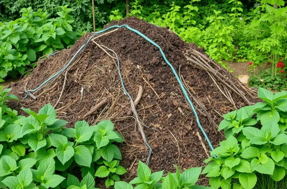 Composteira em um jardim saudável, exemplificando os resultados da compostagem