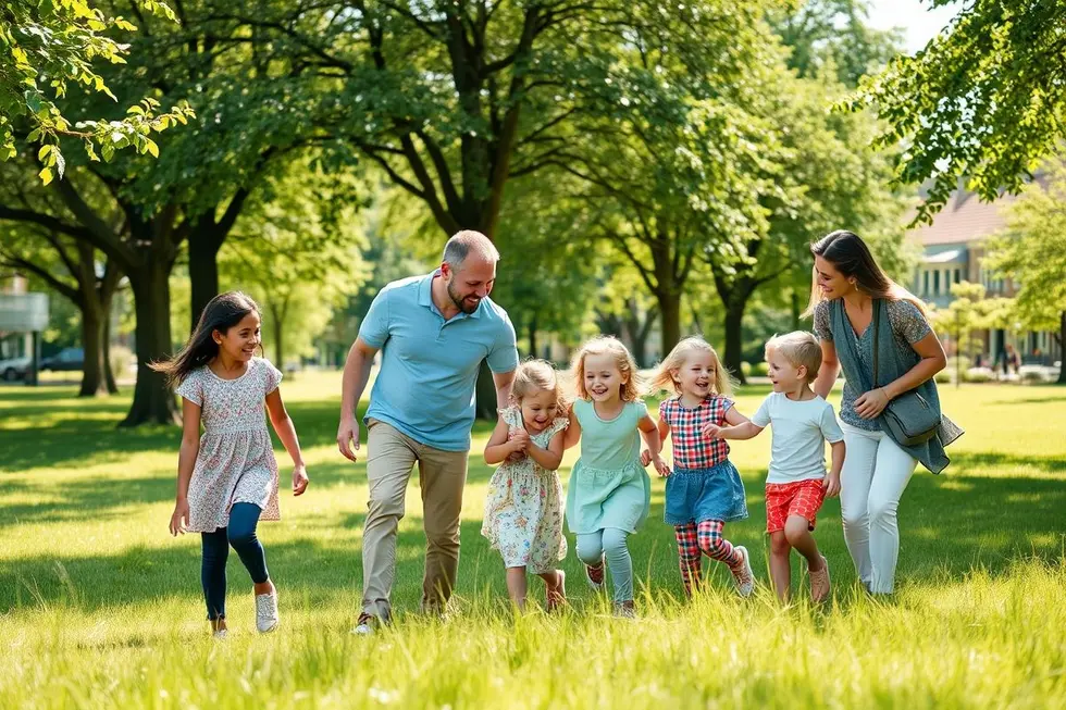 Cena de uma família no parque, simbolizando saúde e bem-estar infantil.
