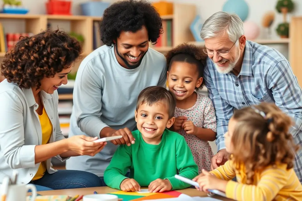 Família compartilhando um momento alegre, simbolizando apoio e amor.
