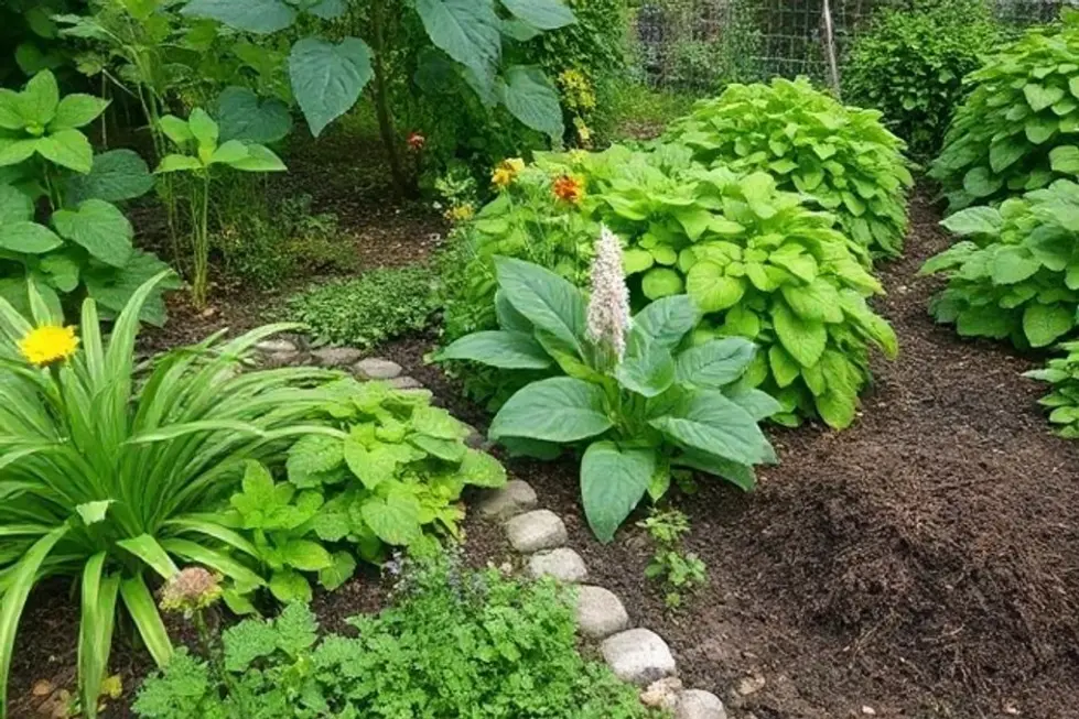 Jardim exuberante com diversas plantas medicinais e pilha de compostagem.