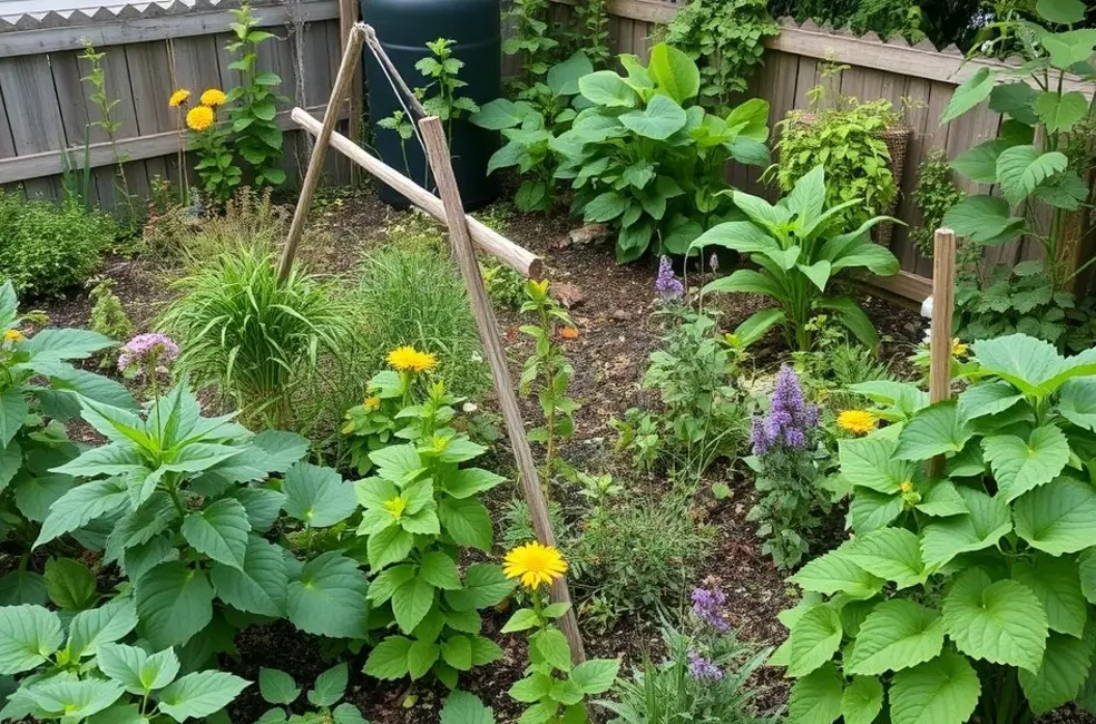 Vista de um jardim saudável com diversas plantas medicinais, resultado da compostagem.
