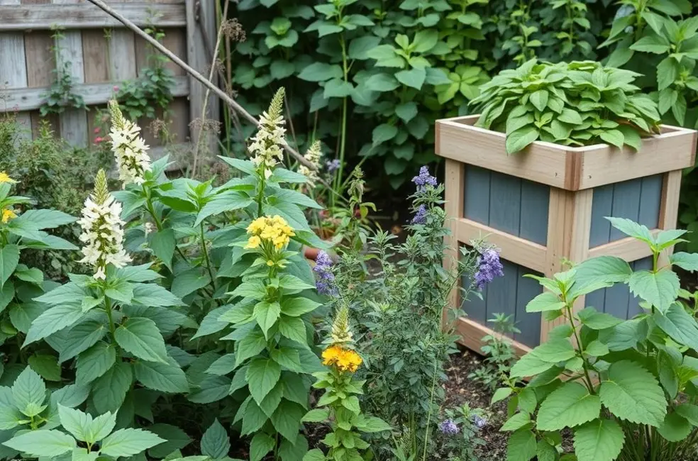 Um jardim sereno com plantas medicinais e uma composteira ao fundo.