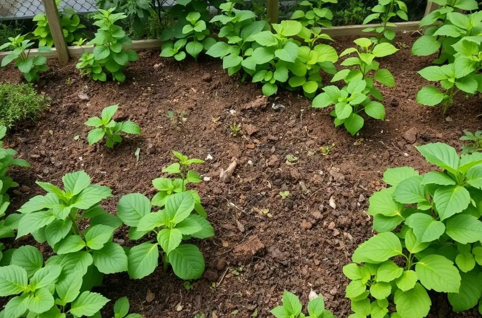 Jardim sustentável com plantas saudáveis nutridas por adubo natural