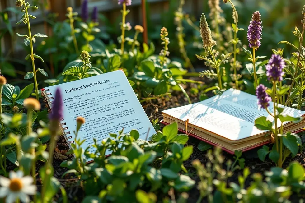 Coleção de plantas medicinais em uma paisagem serena.