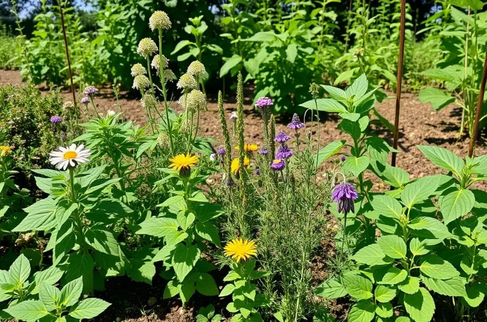 Jardim com diversas plantas medicinais alimentadas por adubo de compostagem.